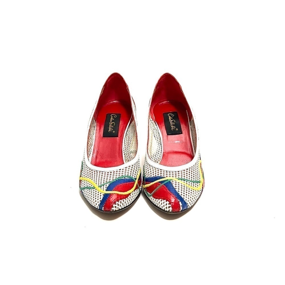 Vintage 1980s white leather illusion netting primary color stripe appliqué heels - Picture 2 of 8